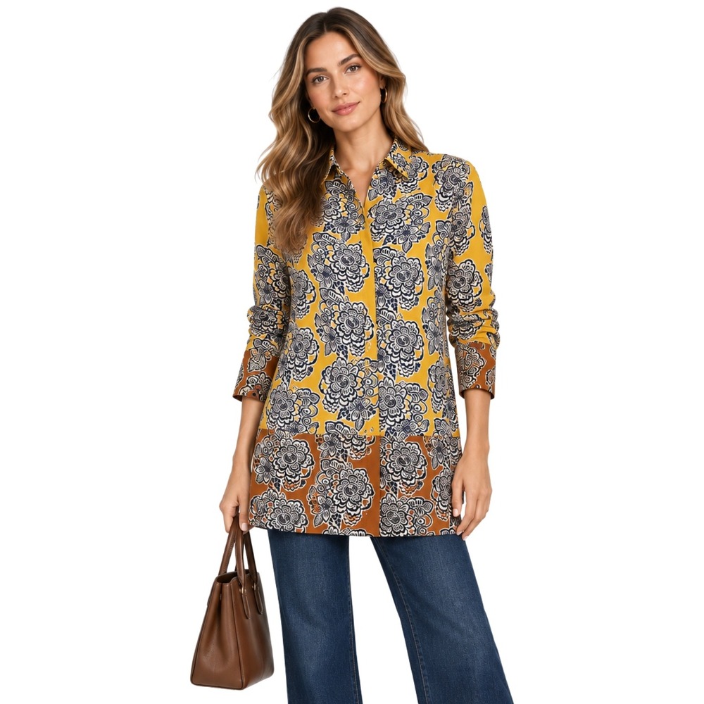 Alexis Top Womens XS Yellow Brown Floral Long Sleeve Tunic Satin Boho Hippie